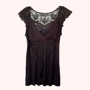 Y2k brown lace floral knit back blouse top sheer back V shape neck Womens medium